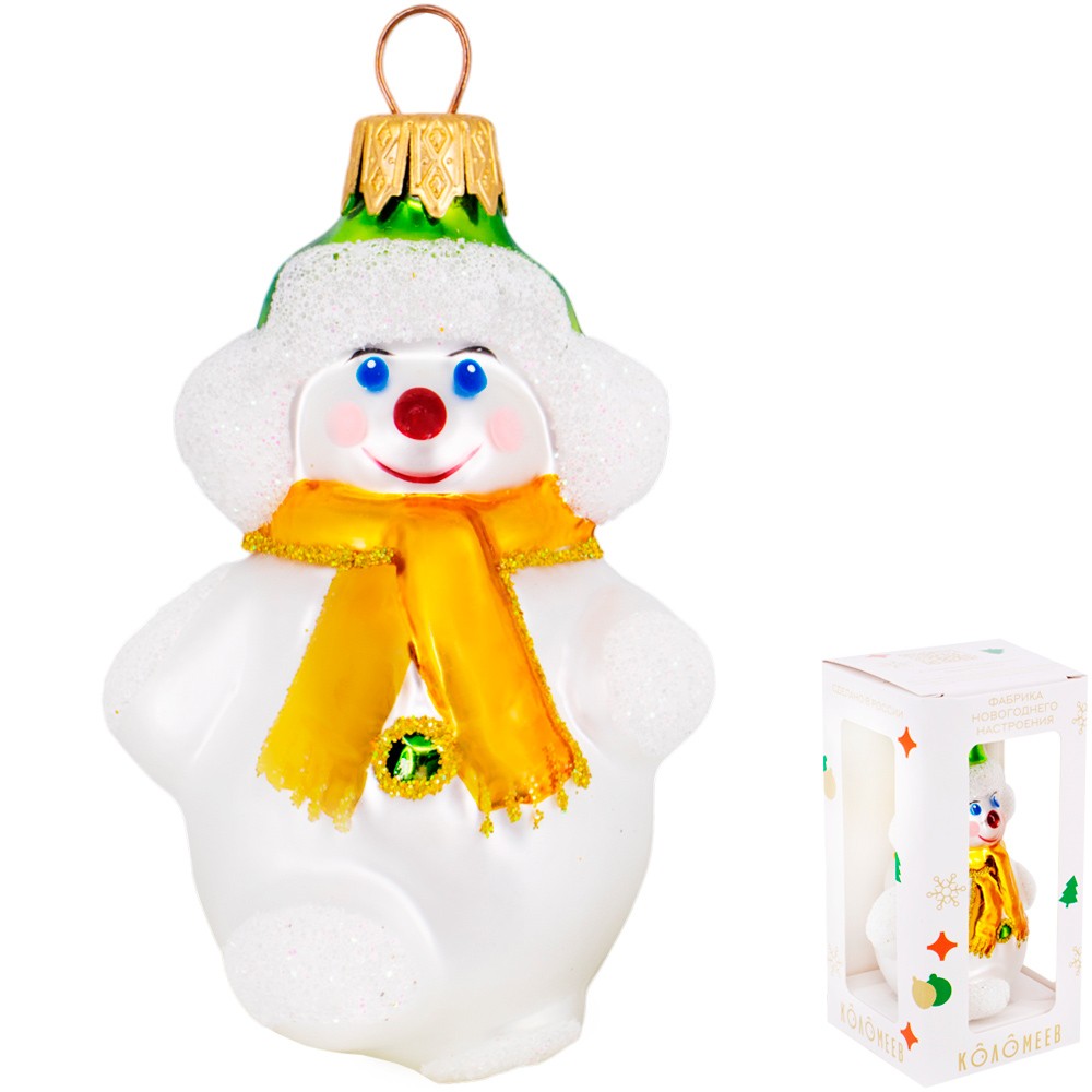 Елочная игрушка стекло Зимний снеговик h-8,5см в упаковке ФУ-777