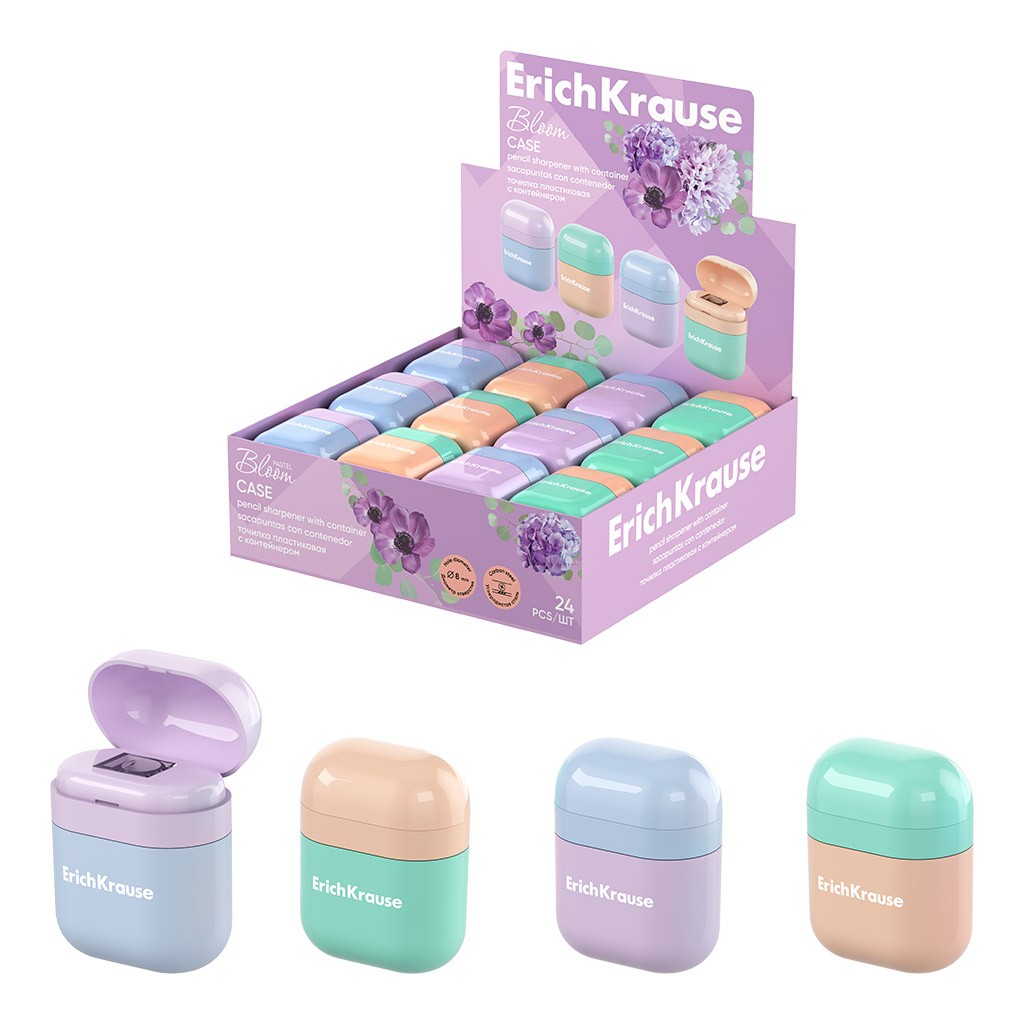 Точилка 1 отверстие с контейнером ассорти Case Pastel Bloom 60039 Erich Krause
