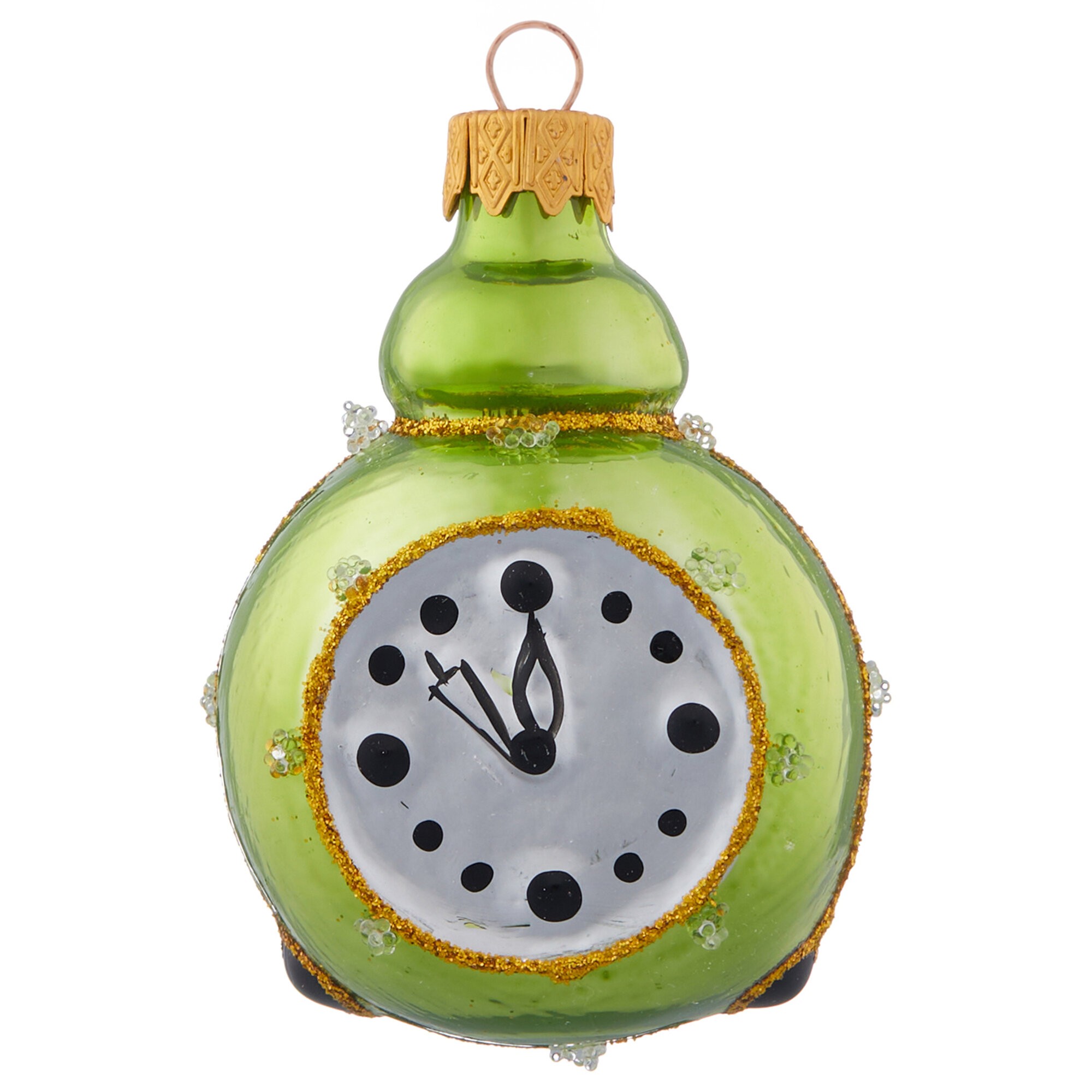 Елочная игрушка стекло Часы-будильник зеленые h-8,5см в упаковке ФУ-772/1