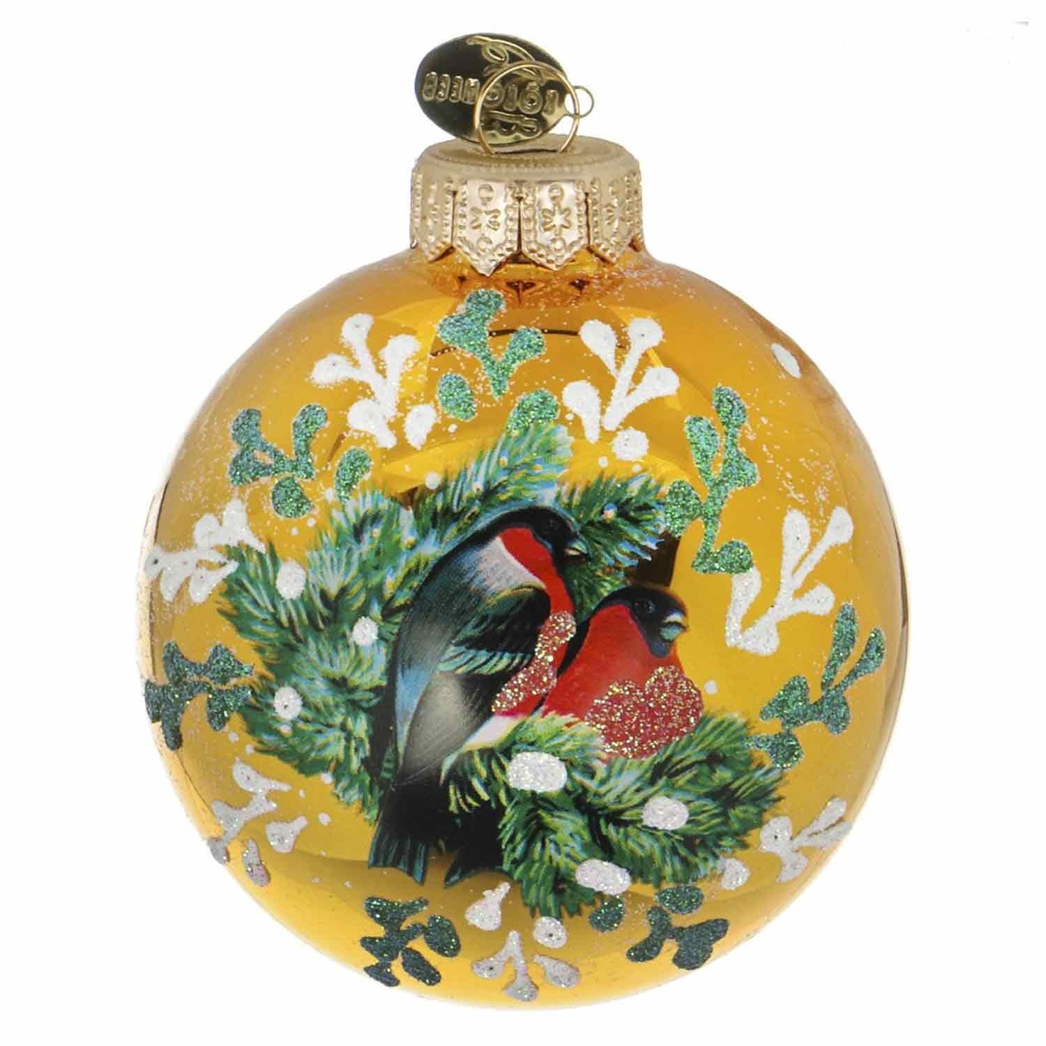 Шар стекло 80мм Красногрудые снегири в упаковке КУ-80-224049