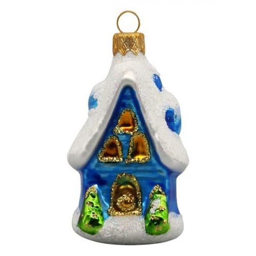 Елочная игрушка стекло Домик с елочками голубой h-9см в упаковке ФУ-411/2