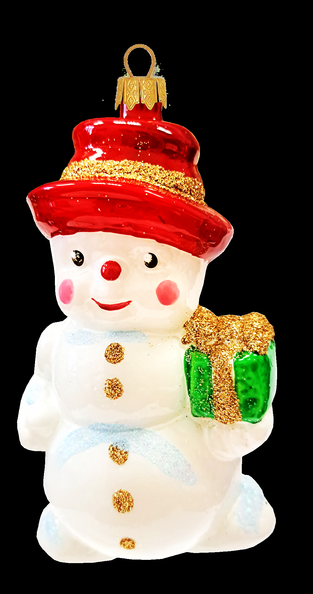 Елочная игрушка стекло Снеговичок с подарком h-12см в упаковке ФУ4-2221