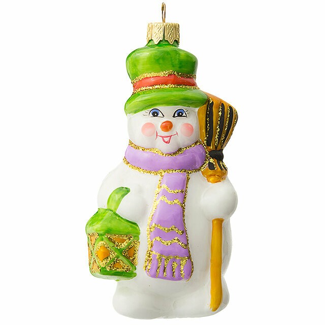 Елочная игрушка стекло Снеговик с фонариком зел h-14см в упаковке ФУ-590/3