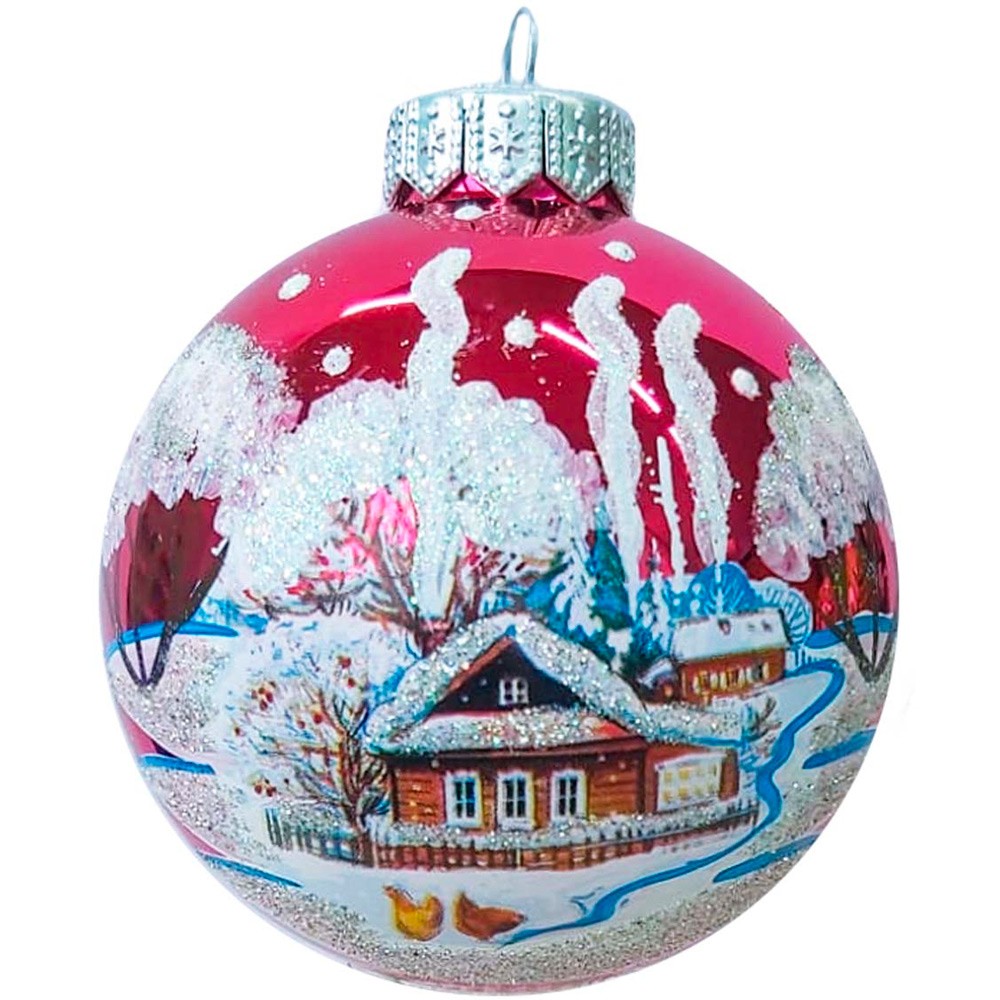 Шар стекло 80мм Крестьянские домики в упаковке КУ-80-234129