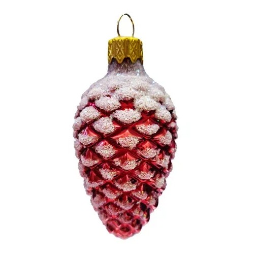 Елочная игрушка стекло Шишка в снегу красная глянцевая h-9см в упаковке ФУ-2-90/11