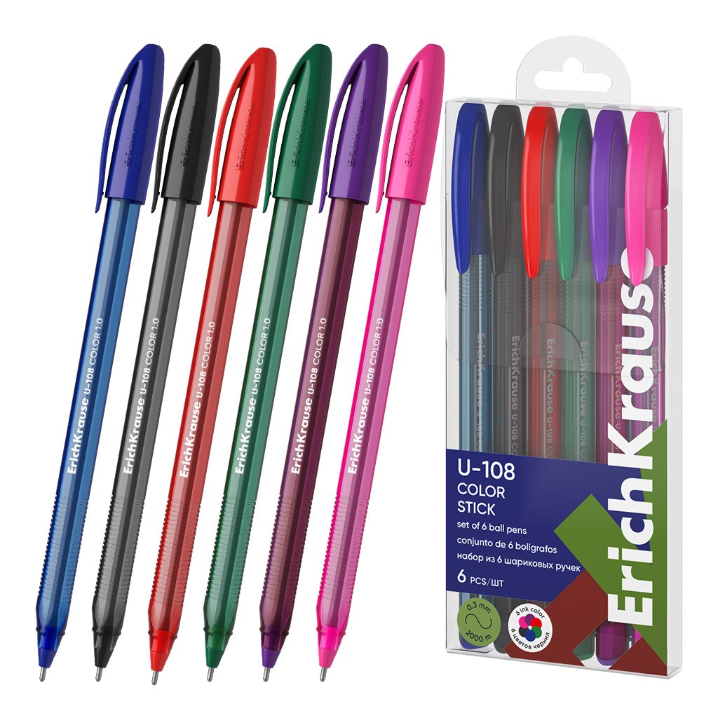 Набор ручек шариковых 6 цветв 1мм U-108 Стик Колор (Stick Color) 61022 Erich Krause