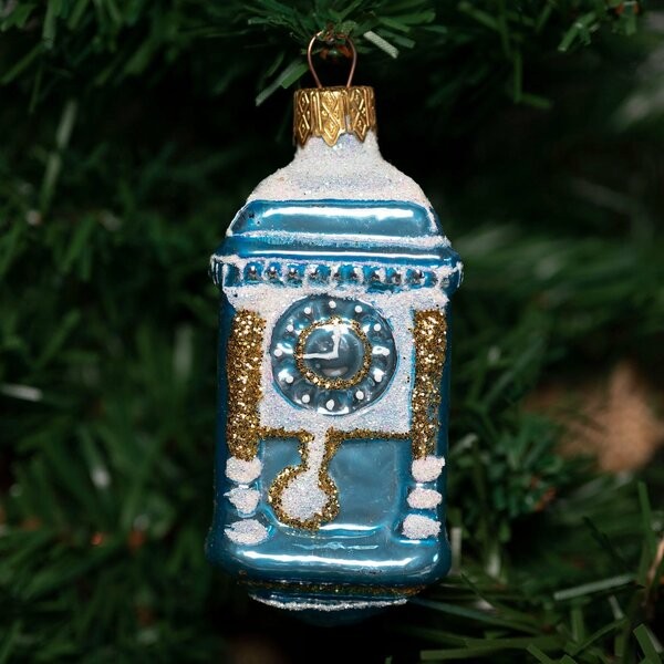 Елочная игрушка стекло Часы-тумба голубые h-9см в упаковке ФУ-102/2/4