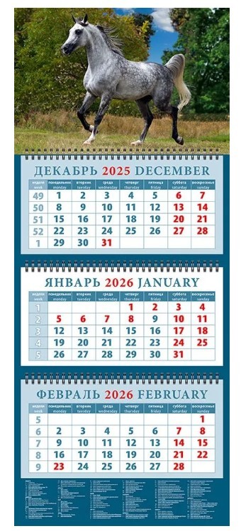 Календарь 2026 кварт. на 3-х спирс курс. 14602 Серый в яблоках жеребец