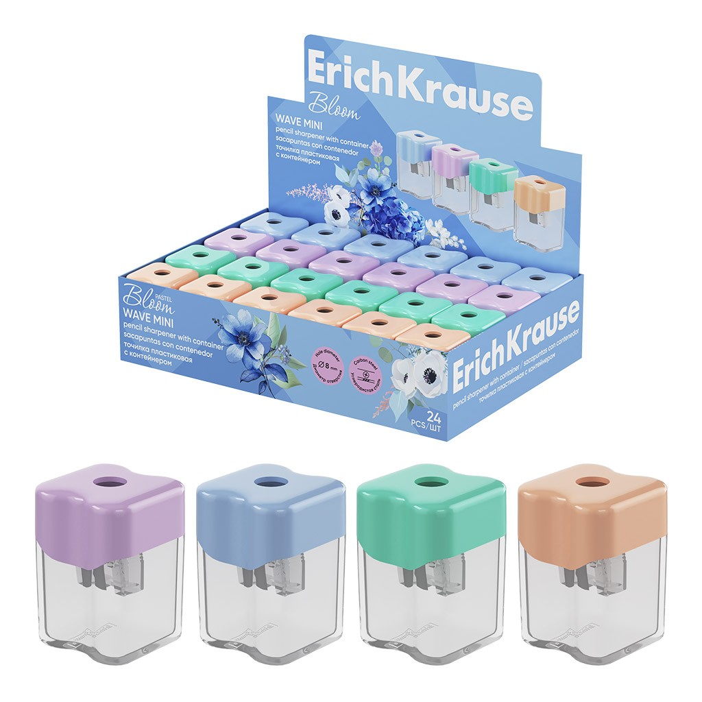 Точилка 1 отверстие с контейнером Wave Mini Pastel Bloom 60044 Erich Krause