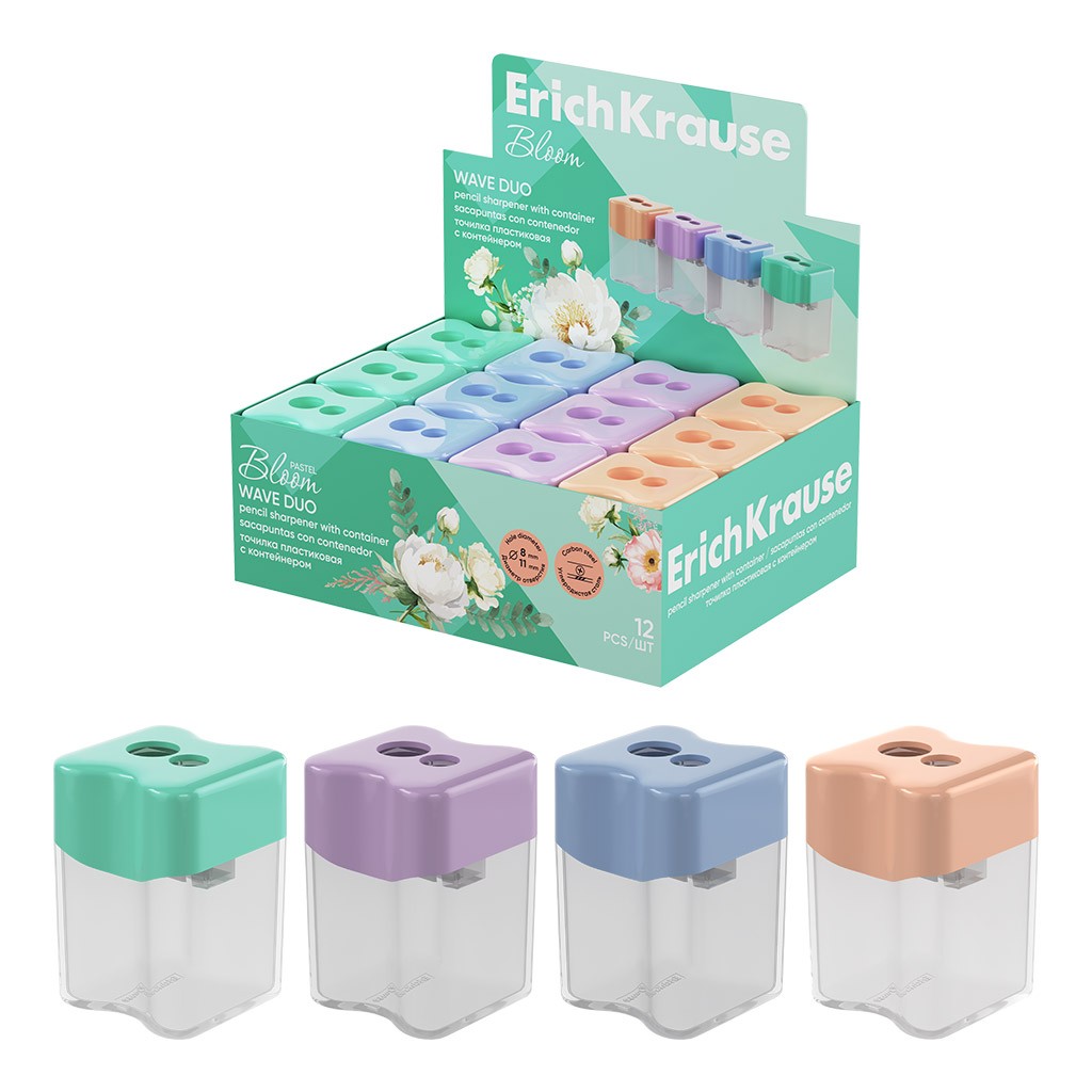 Точилка 2 отверстия с контейнером Wave Duo Pastel Bloom 60047 Erich Krause