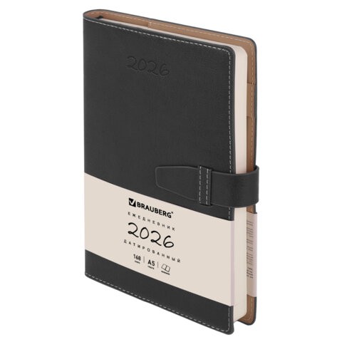 Ежедневник дат 2026г А5 исккожа хлястик черн Journal 117382 Brauberg