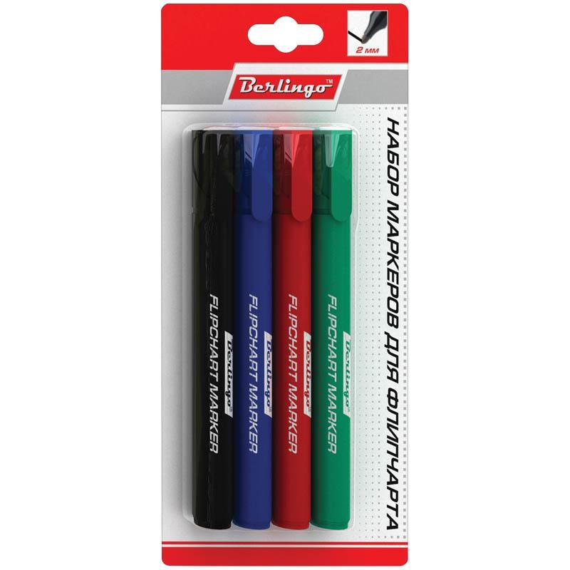 Набор маркеров для флипчартов Berlingo Uniline FM200, 4цв., пулевидный, 2мм, блистер, европодвес