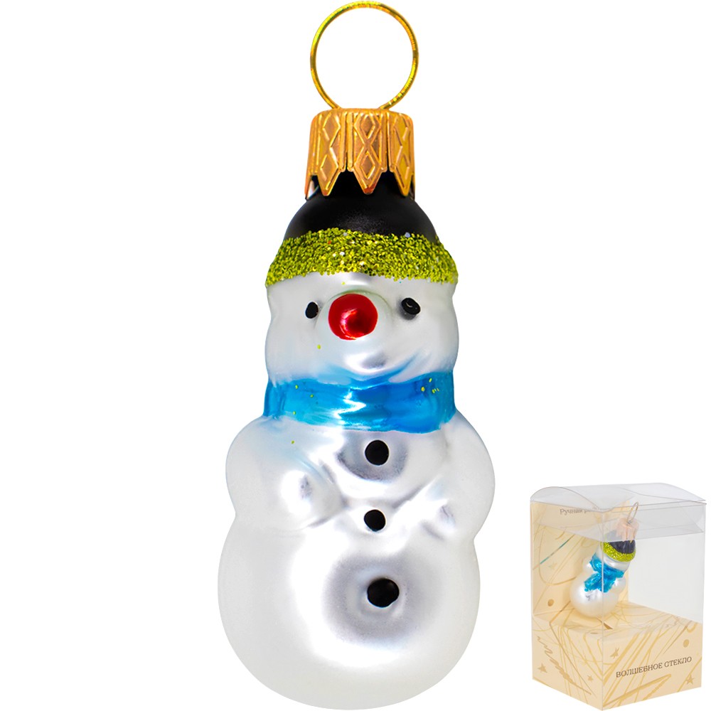 Елочная игрушка стекло мини серия Снеговик h-6см в упаковке ФУП-1801