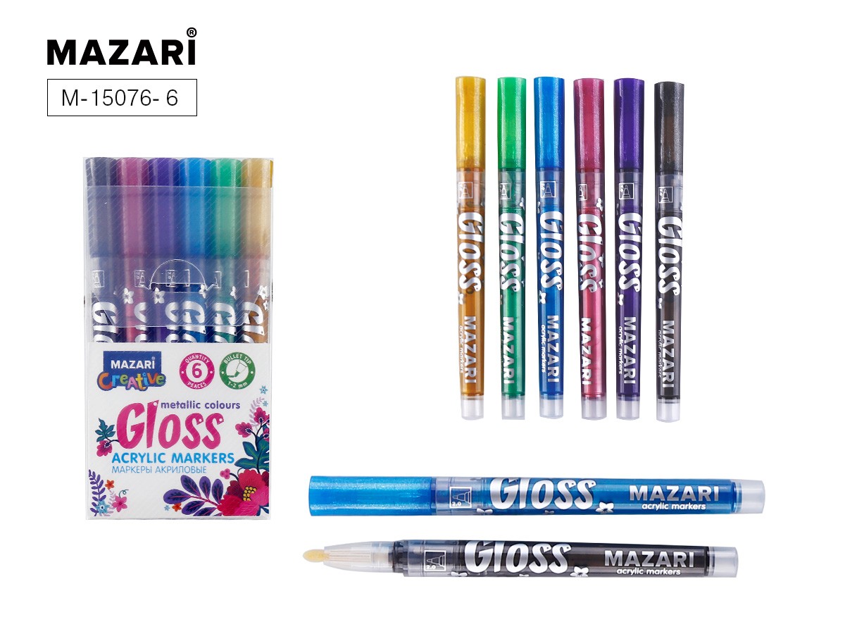 Набор маркеров акрил 6цв металлик Gloss М-15076-6 MAZARI