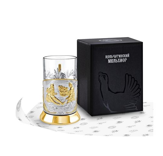 Набор Подстаканник никелированный с частичной позолотой "Охотники" (+стакан, +ложка) (Кольчугинский мельхиор)