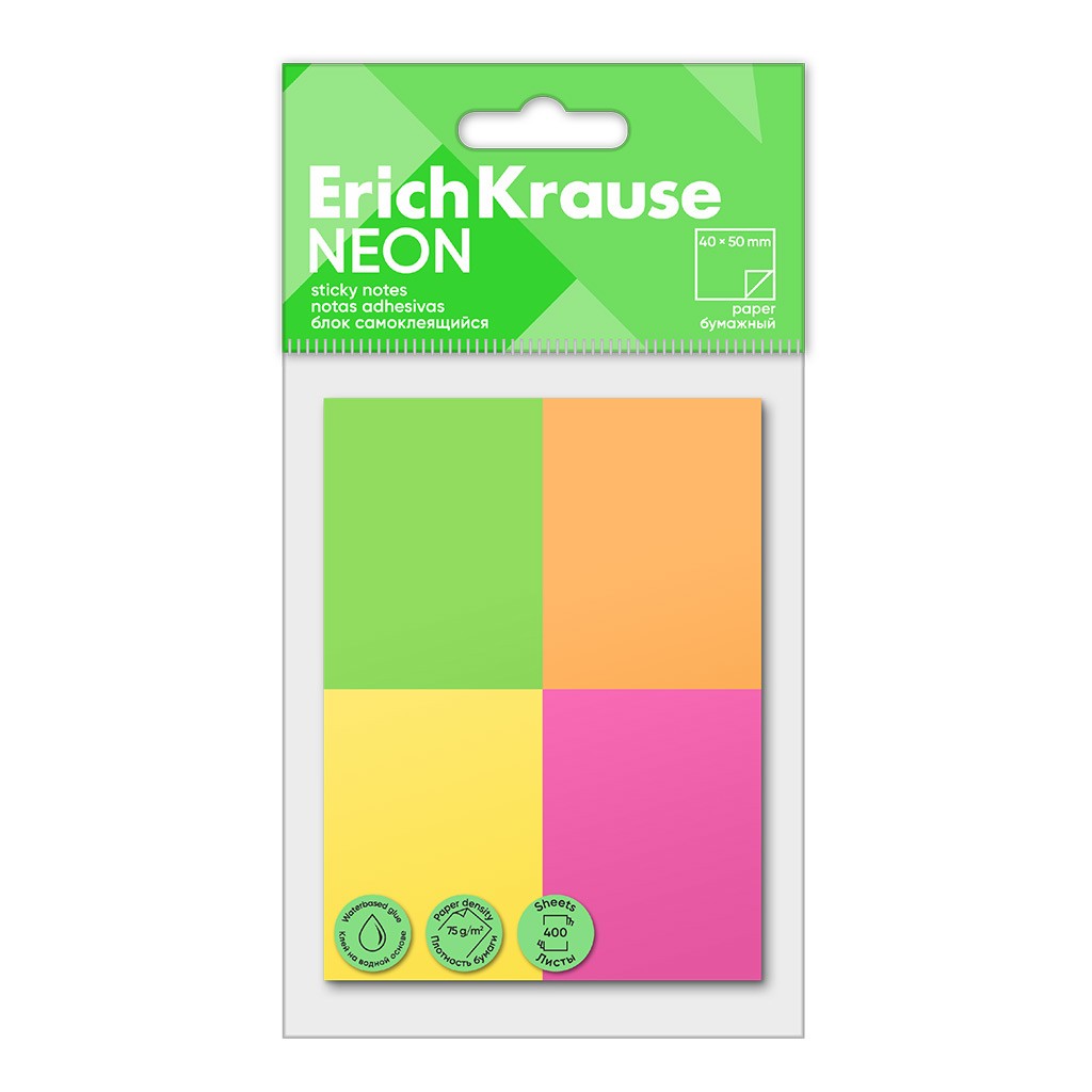 Стикеры 40*50мм 4цв*100л Неон 61712 Erich Krause