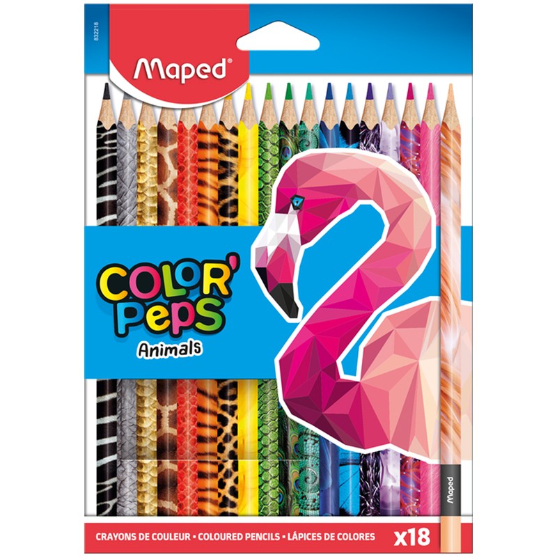 Карандаши цветные Maped Color Peps Animals, 18цв., трехгран., заточен., картон, европодвес