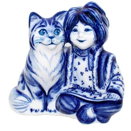 Гжель Скульптура Домовёнок и кот 