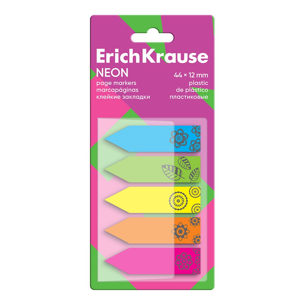 Стикеры -закладки пласт 44*12мм 5цв 100л Neon 63663 Erich Krause