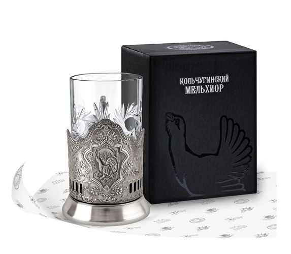 Набор Подстаканник никелированный с чернением "Глухарь" (+стакан, +ложка) (Кольчугинский мельхиор)