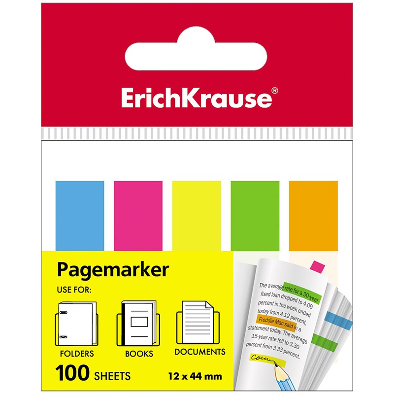 Флажки-закладки Erich Krause, 44*12мм, 20л*5 неоновых цветов, европодвес