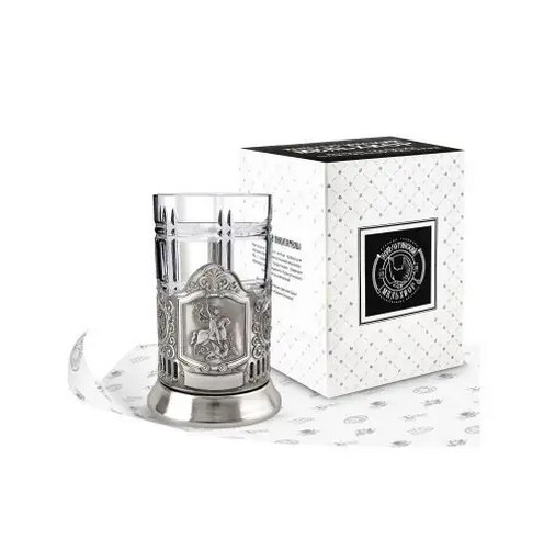 Набор Подстаканник никелированный Георгий Победоносец (стакан+ложка) с чернением