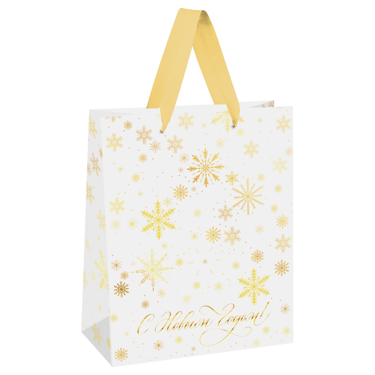 Пакет подарочный 26*32*12см MESHU Gold snowflake, фольга, матовая ламинация