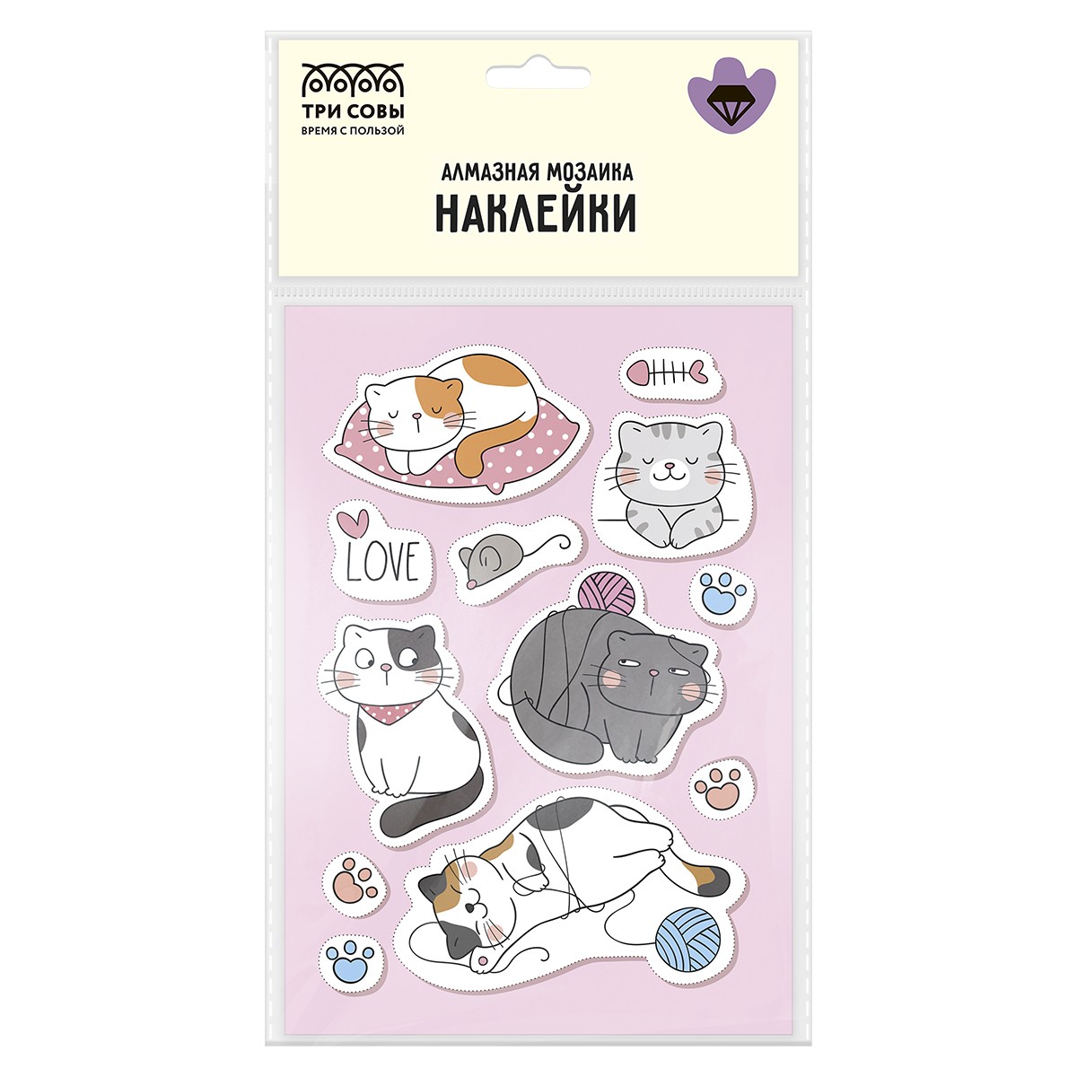 Алмазная мозаика, наклейки ТРИ СОВЫ Котики, пакет с европодвесом