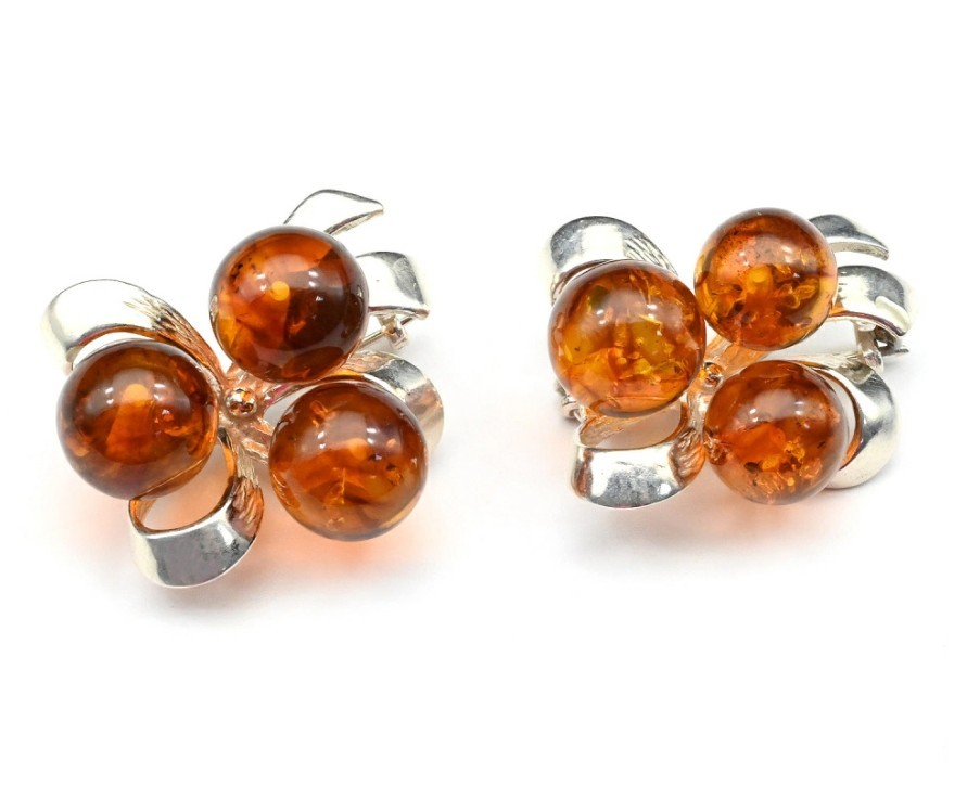 Брошь с янтарем С925 шарики 10мм св.коньячный