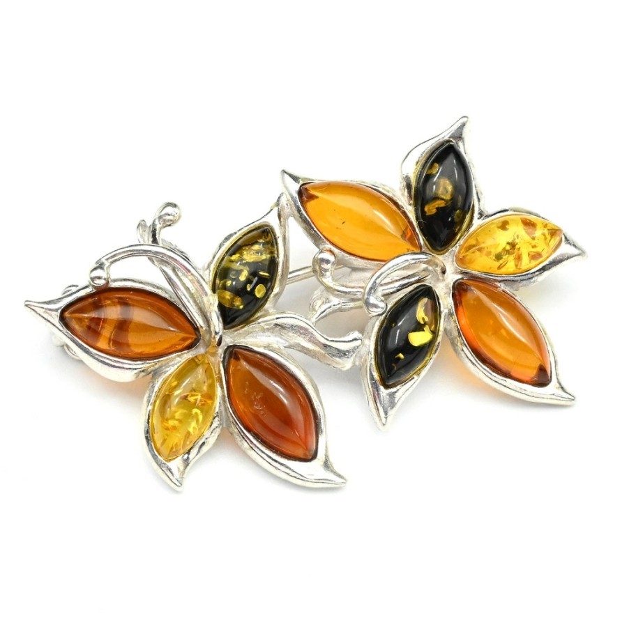 Брошь с янтарем С925 цветы 24*41мм