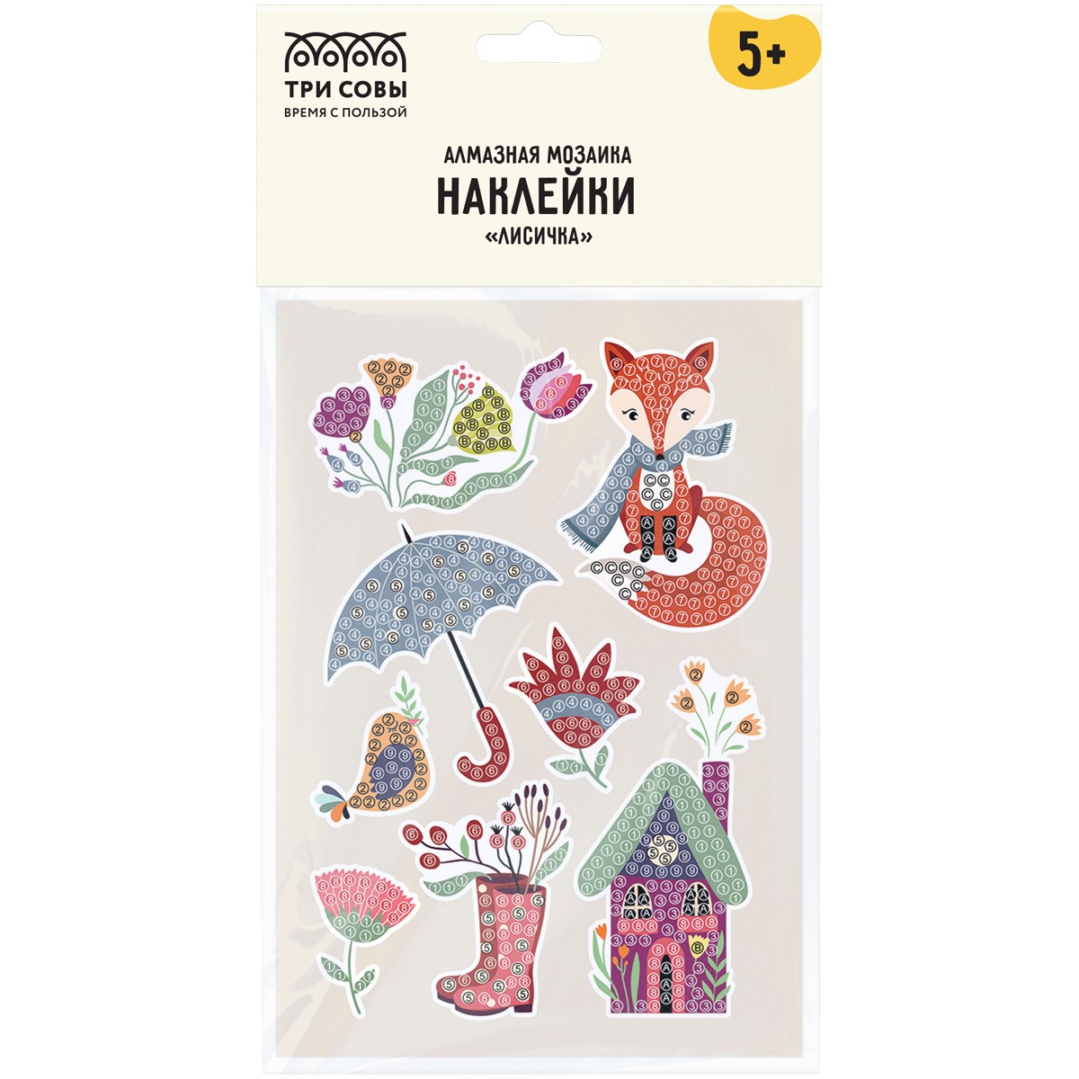 Алмазная мозаика, наклейки ТРИ СОВЫ Лисичка, пакет с европодвесом