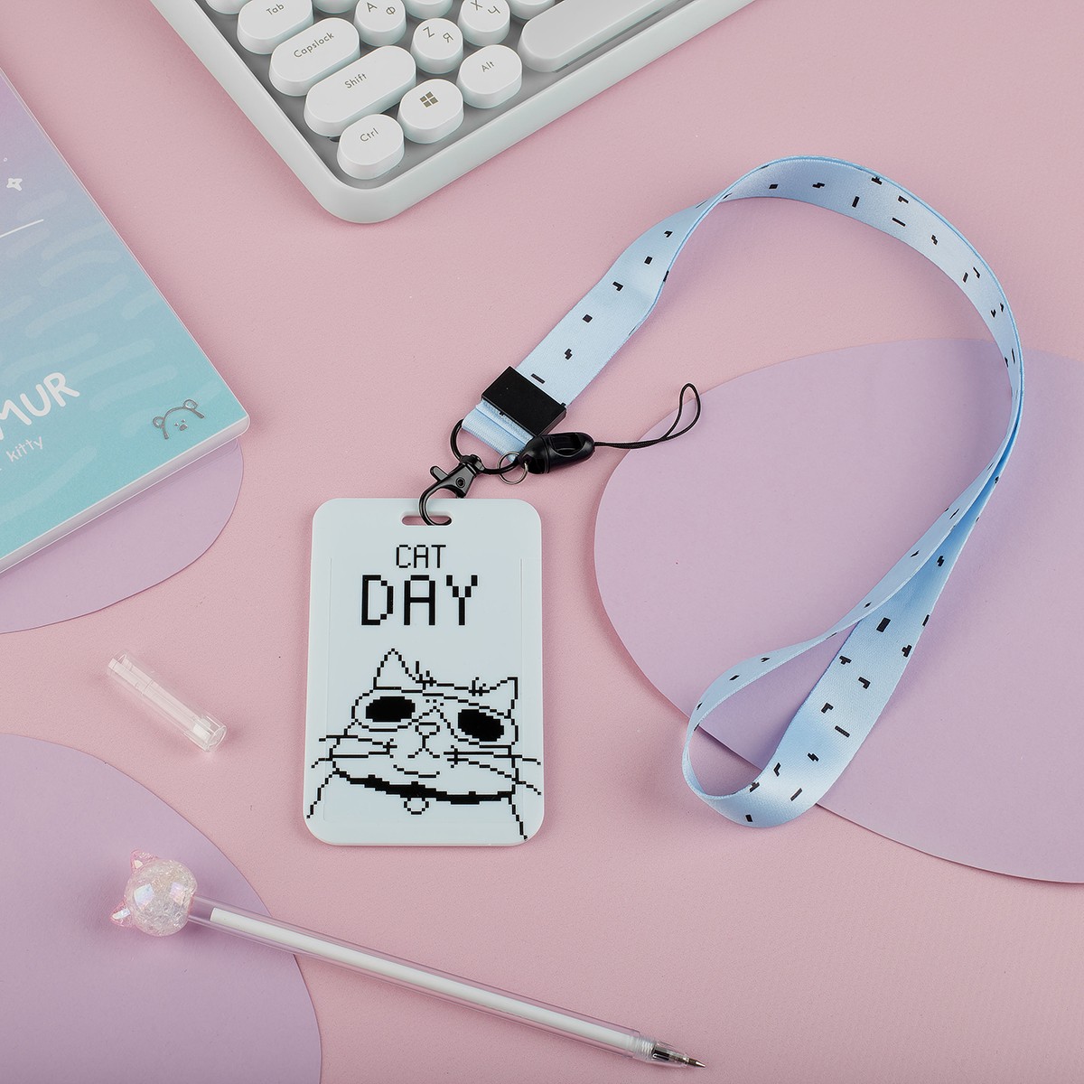 Бейдж вертикальный MESHU Cat day, 110*70мм, лента с карабином, 3D печать, опп пакет с европодвесом
