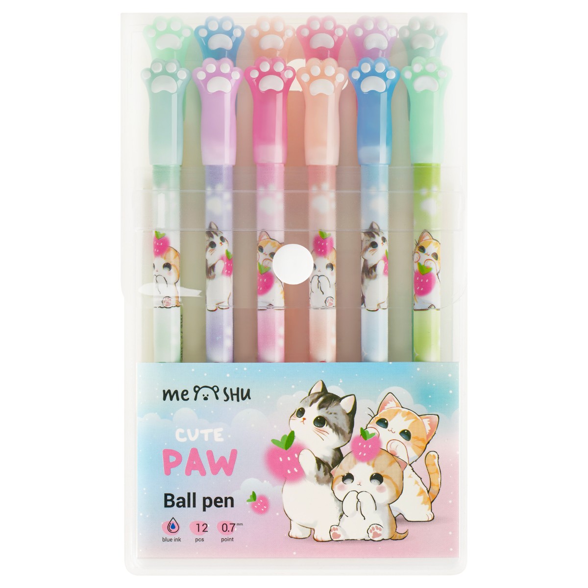 Набор шариковых ручек MESHU Paw 12шт., синие, 0,7мм, корпус ассорти, европодвес