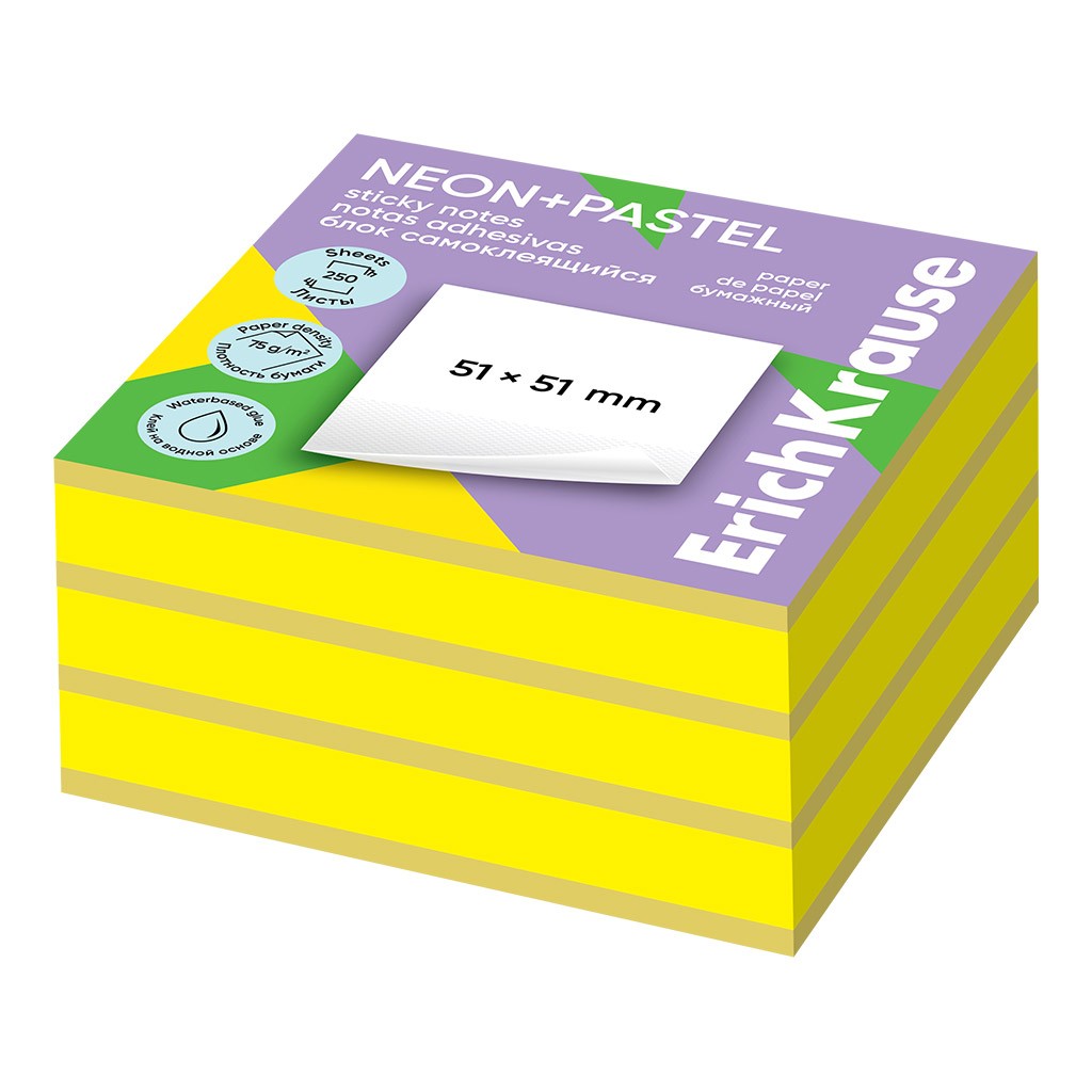 Стикеры 51*51мм 250л 2цв Neon Pastel 63676 Erich Krause
