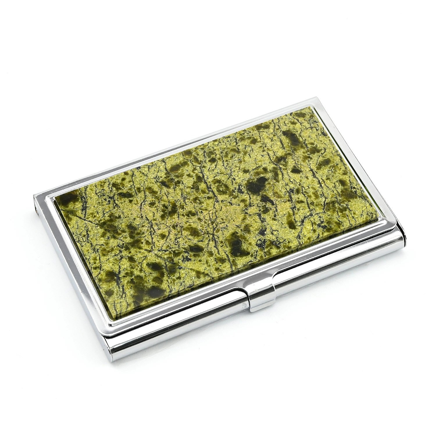  Визитница карманная с камнем змеевик, серебристая	