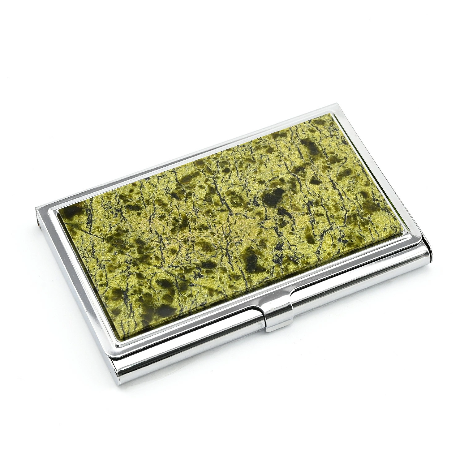  Визитница карманная с камнем змеевик, серебристая	