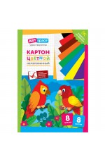 Картон цветной А4, ArtSpace, 8л., 8цв., немелованный, в папке, Попугай