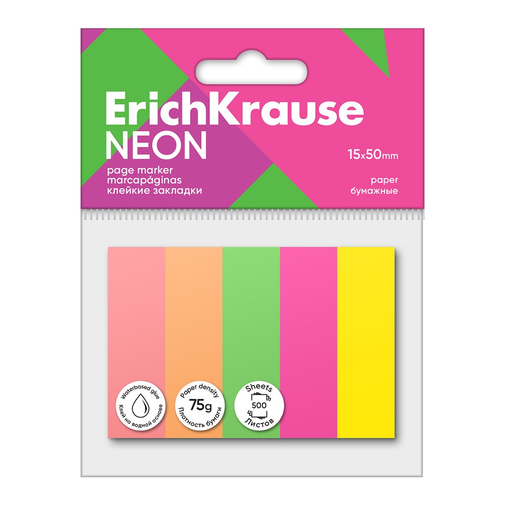 Стикеры -закладки 15*50мм 5цв 500л Neon 61561 Erich Krause