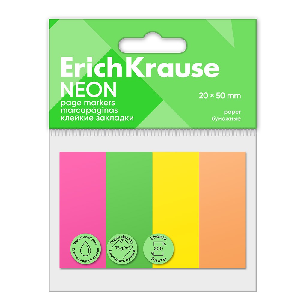 Стикеры -закладки 20*50мм 4цв 200л Neon 61562 Erich Krause