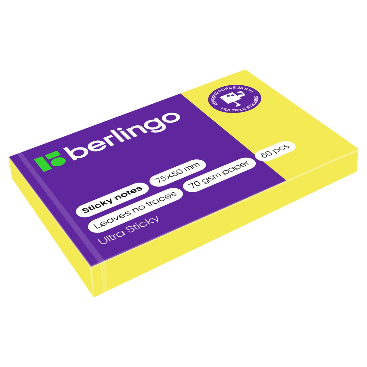 Самоклеящийся блок Berlingo Ultra Sticky, 50*75мм, 80л., желтый неон