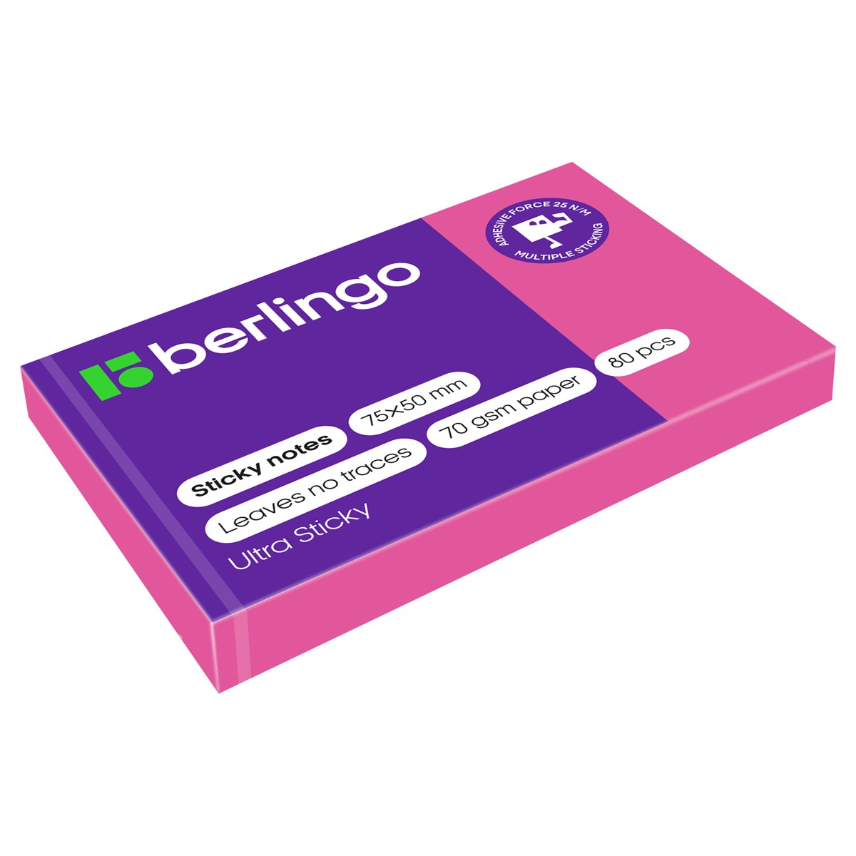 Самоклеящийся блок Berlingo Ultra Sticky, 50*75мм, 80л., розовый неон