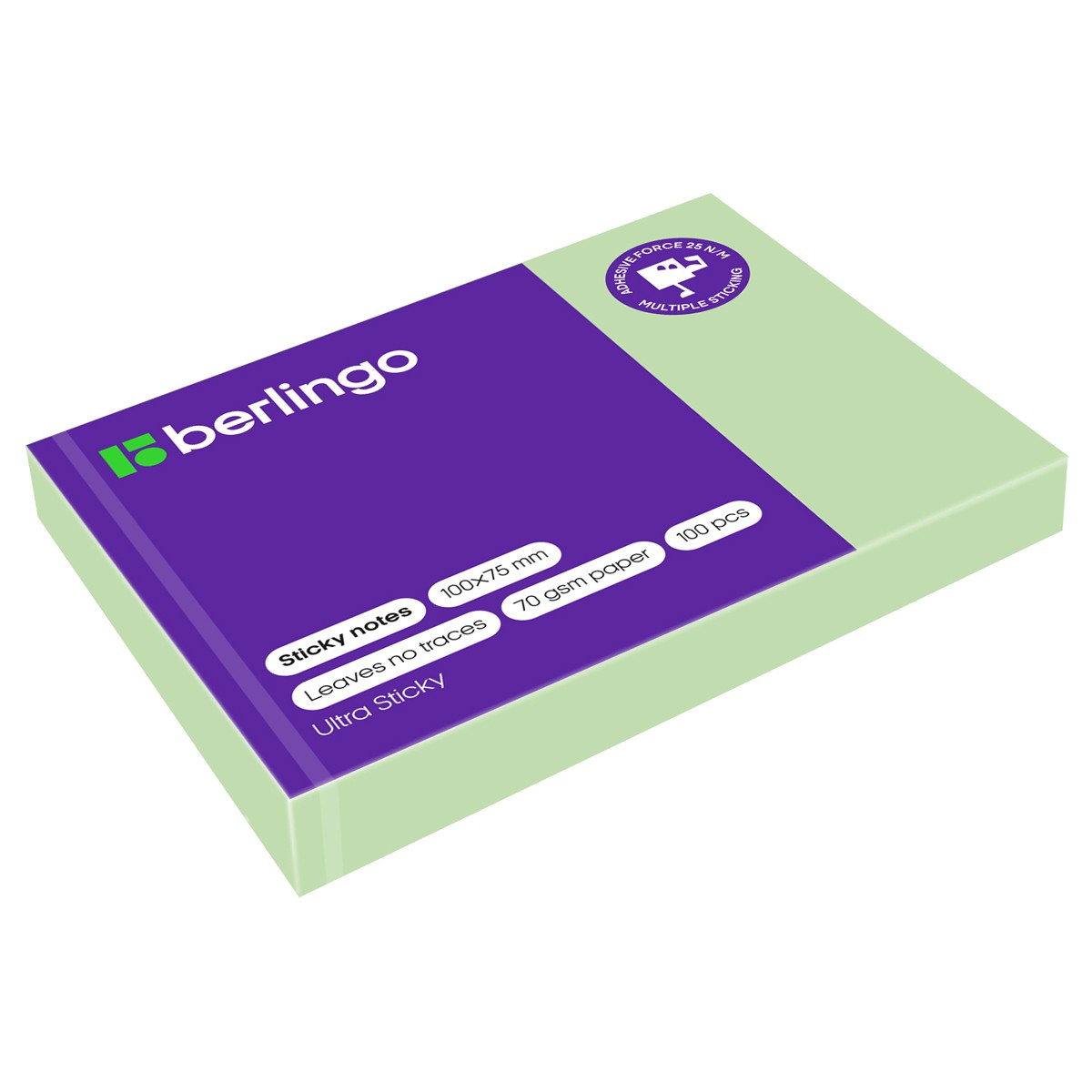 Самоклеящийся блок Berlingo Ultra Sticky, 100*75мм, 100л., пастель, зеленый