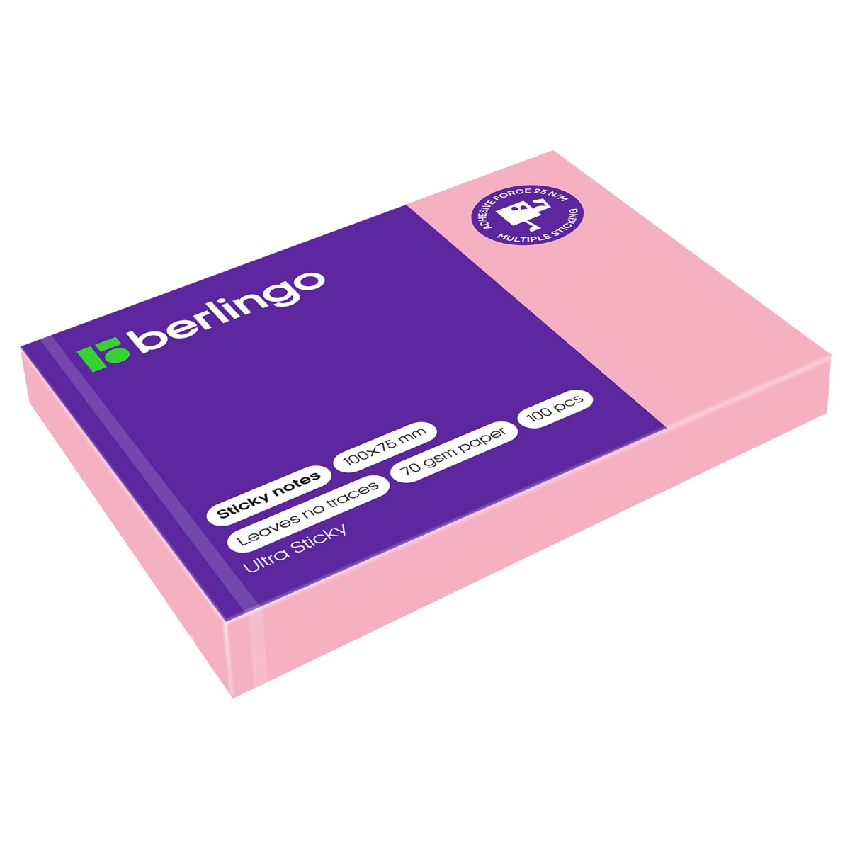 Самоклеящийся блок Berlingo Ultra Sticky, 100*75мм, 100л., пастель, розовый
