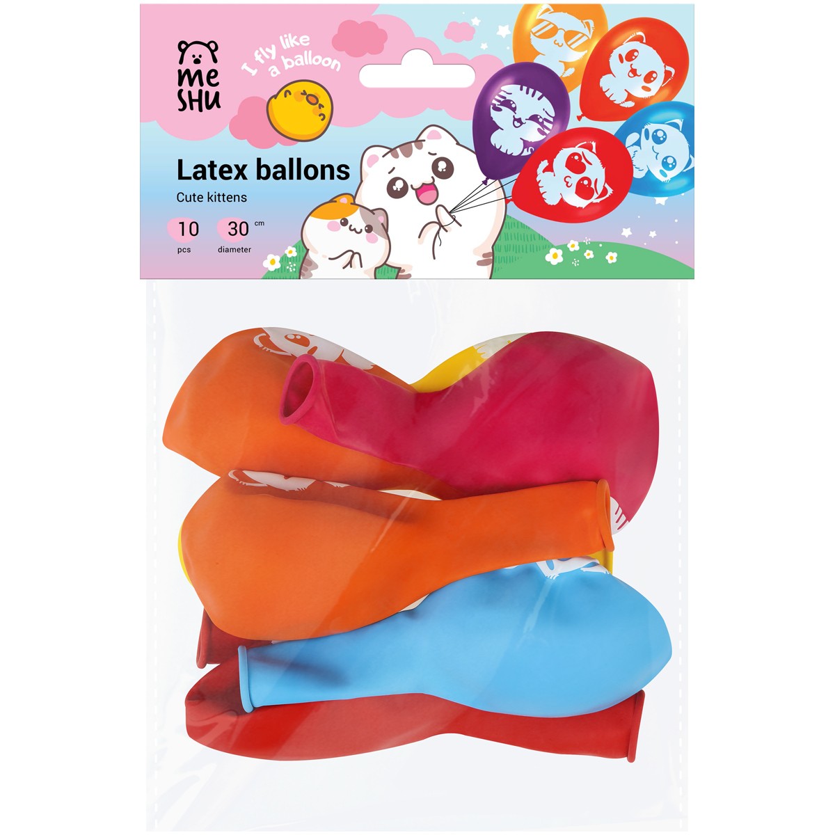 Воздушные шары,  10шт., М12/30см, MESHU Cute kittens, пастель, ассорти