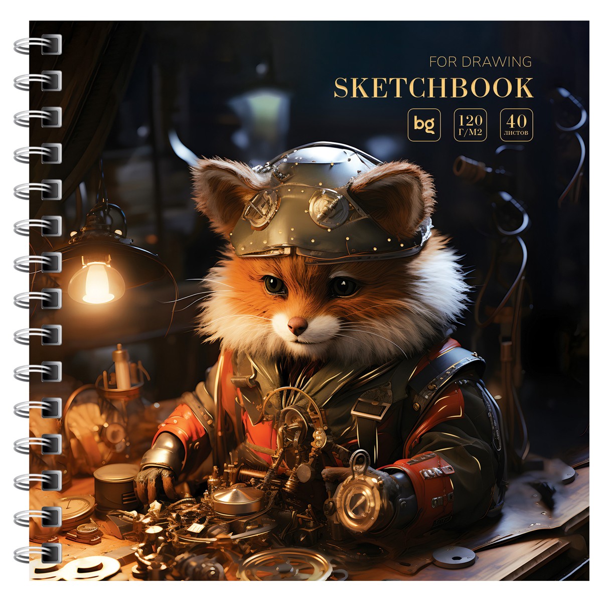 Скетчбук 40л., 170*170 BG Steampunk. Fox, на гребне, глянцевая ламинация, фольга, 120г/м2