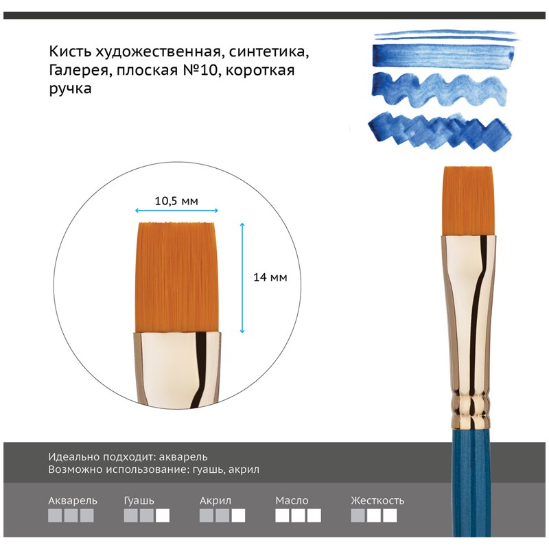 Кисть художественная синтетика Гамма Галерея, плоская №10, короткая ручка