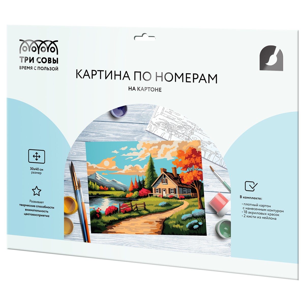 Картина по номерам на картоне ТРИ СОВЫ Дом у реки, 30*40, с акриловыми красками и кистями