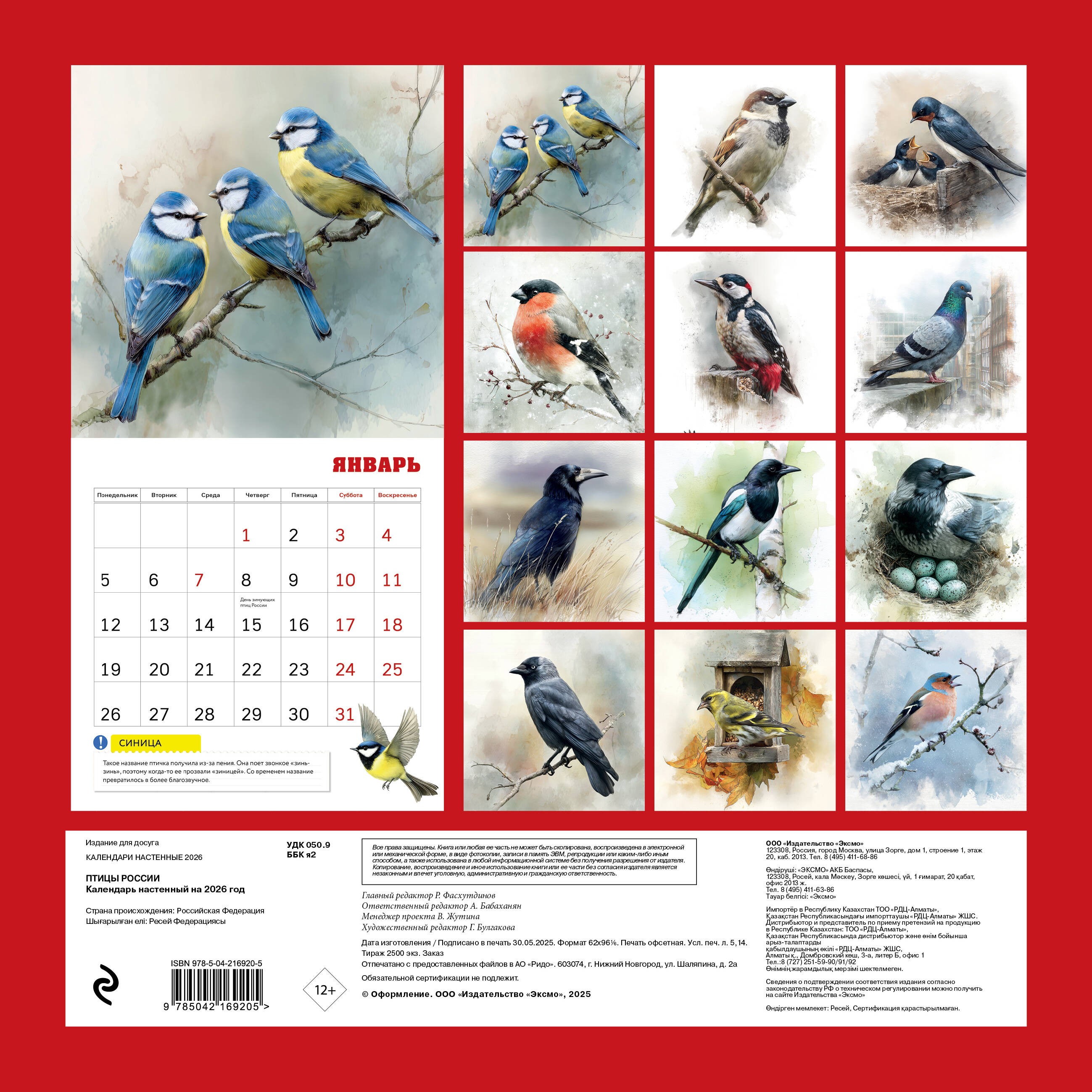 Птицы России. Календарь настенный на 2026 год (300х300 мм) Птицы России. Календарь настенный на 2026 год (300х300 мм)