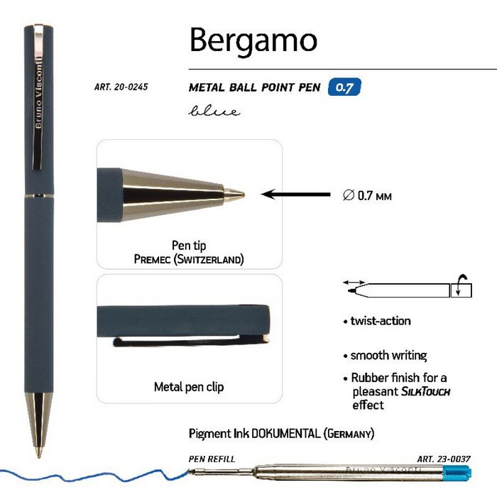 Ручка шариковая подарочная 0.7 мм синяя (корпус синий) Bergamo 20-0245/10 Bruno Visconti