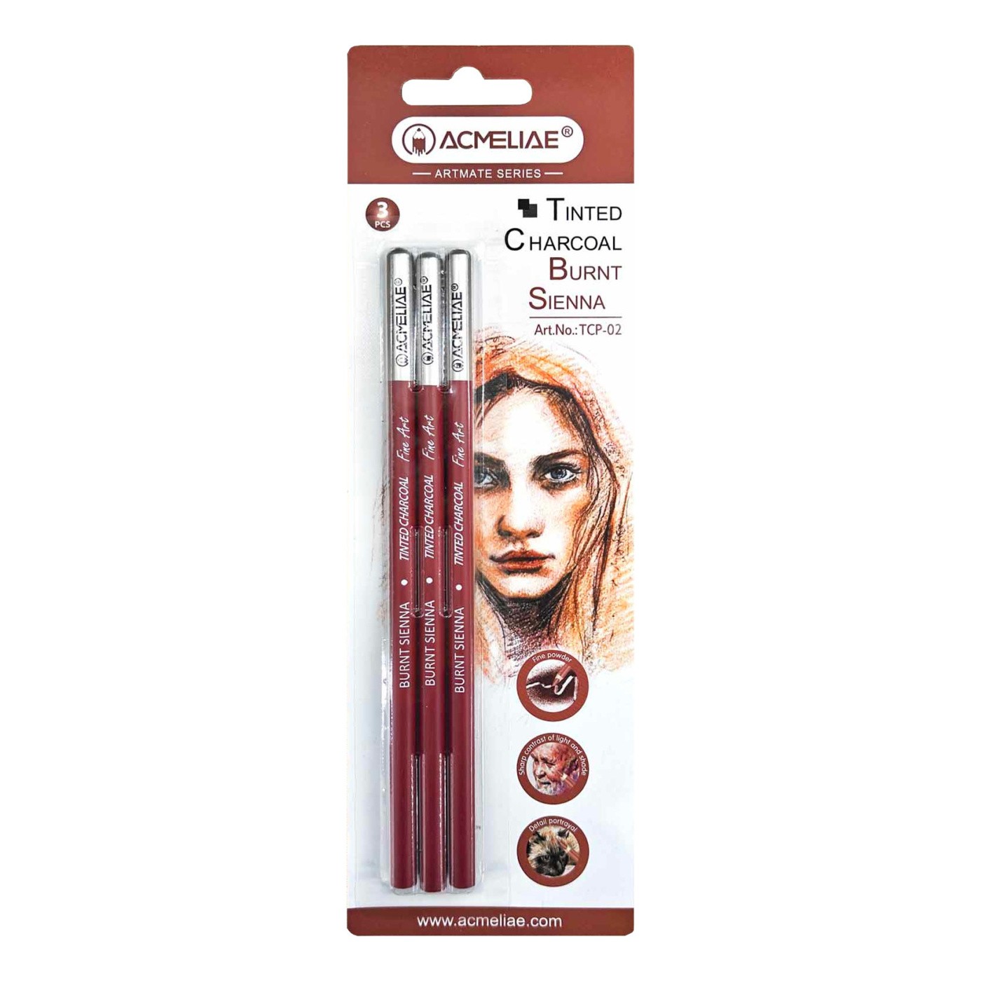 Набор угольных карандашей 3шт жженая сиена блистер TCP-02 Acmeliae
